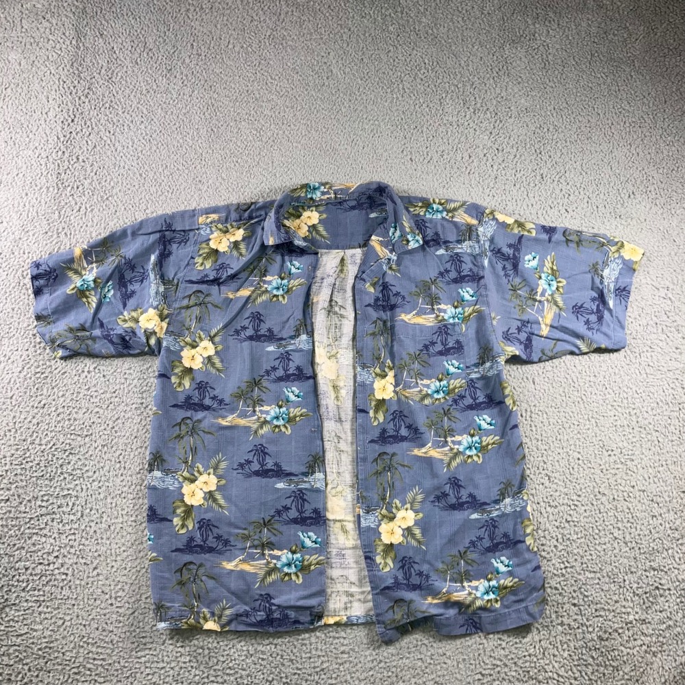 Hawaiian Shirt‎ Men L Blue Tropical Hibiscus Palm Tree Resort Beach Open Front